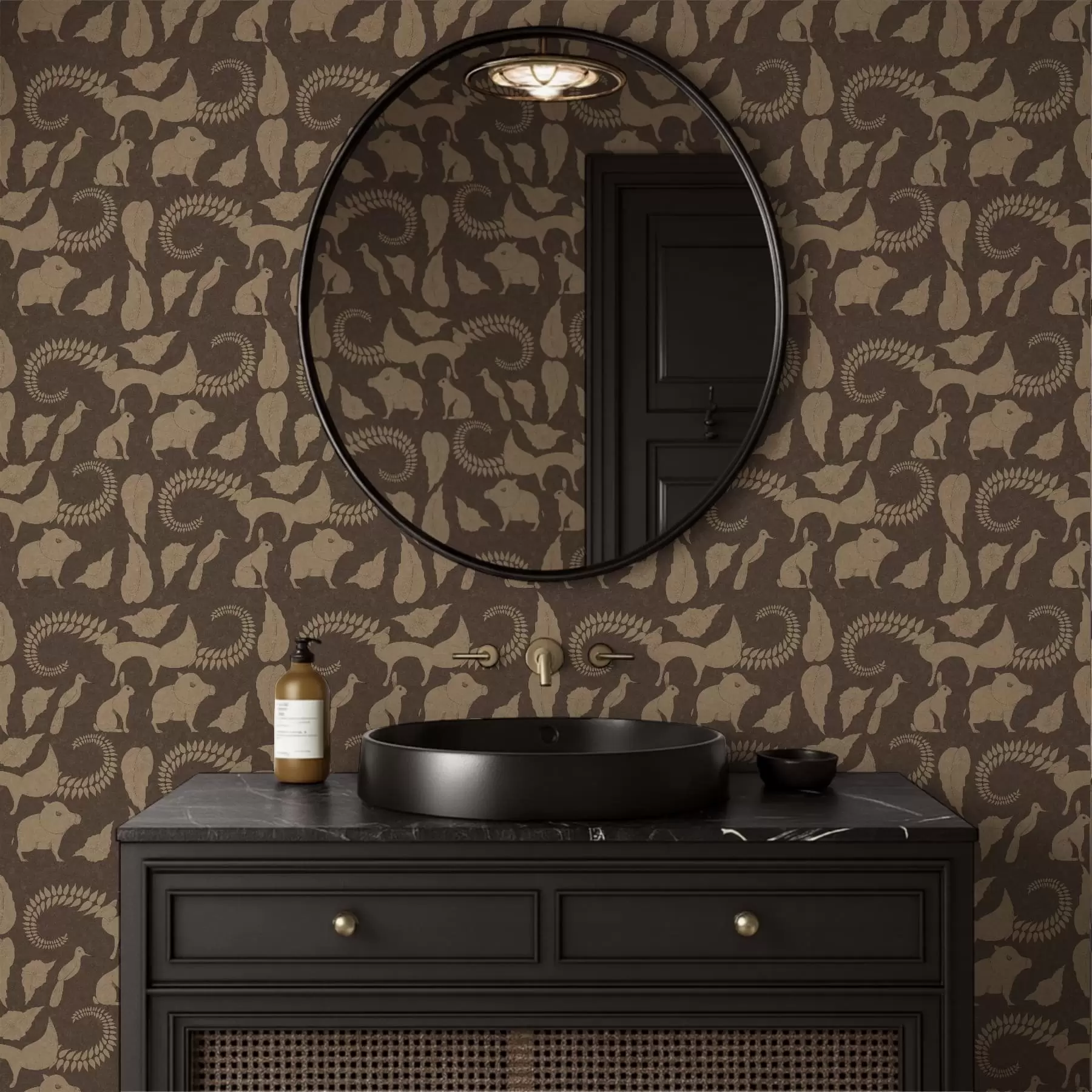 Papier peint Motif forestier avec des animaux sur fond marron a01121