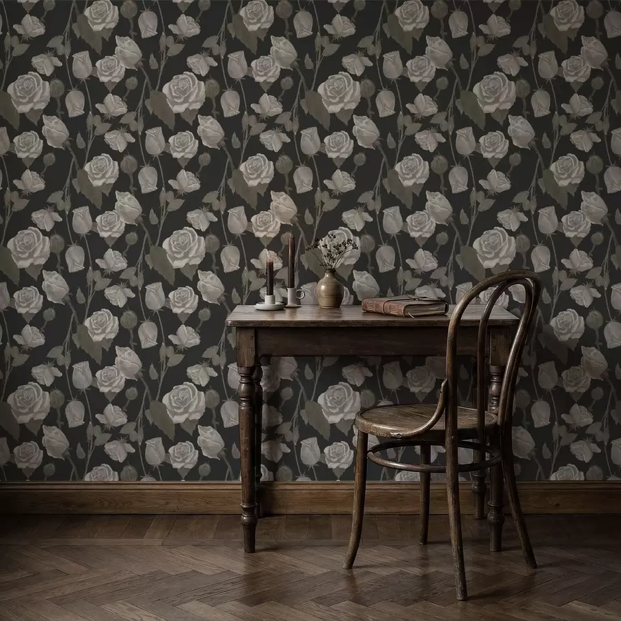 Papier peint Motif floral avec des roses sur fond sombre a01123