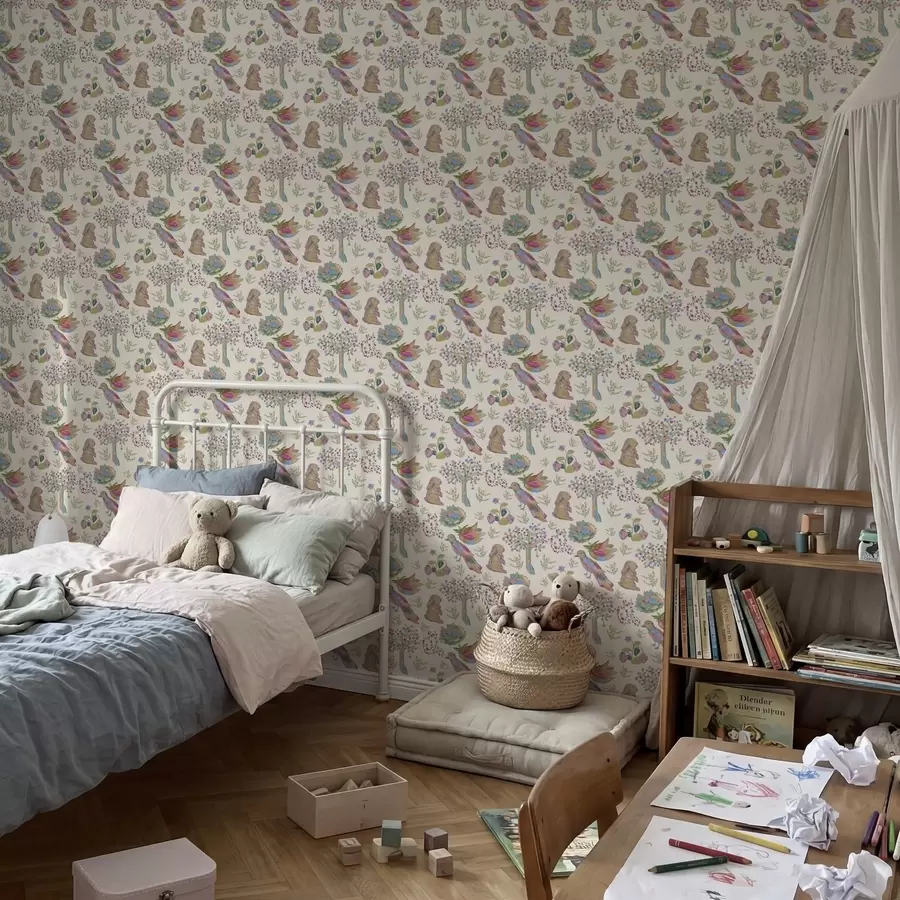 Papier peint Motif coloré pour enfants avec des oiseaux et des lapins a01127