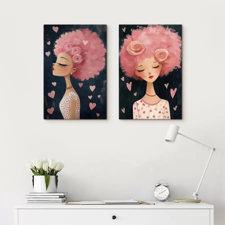 Tableau Fille aux cheveux roses et aux cœurs m30156