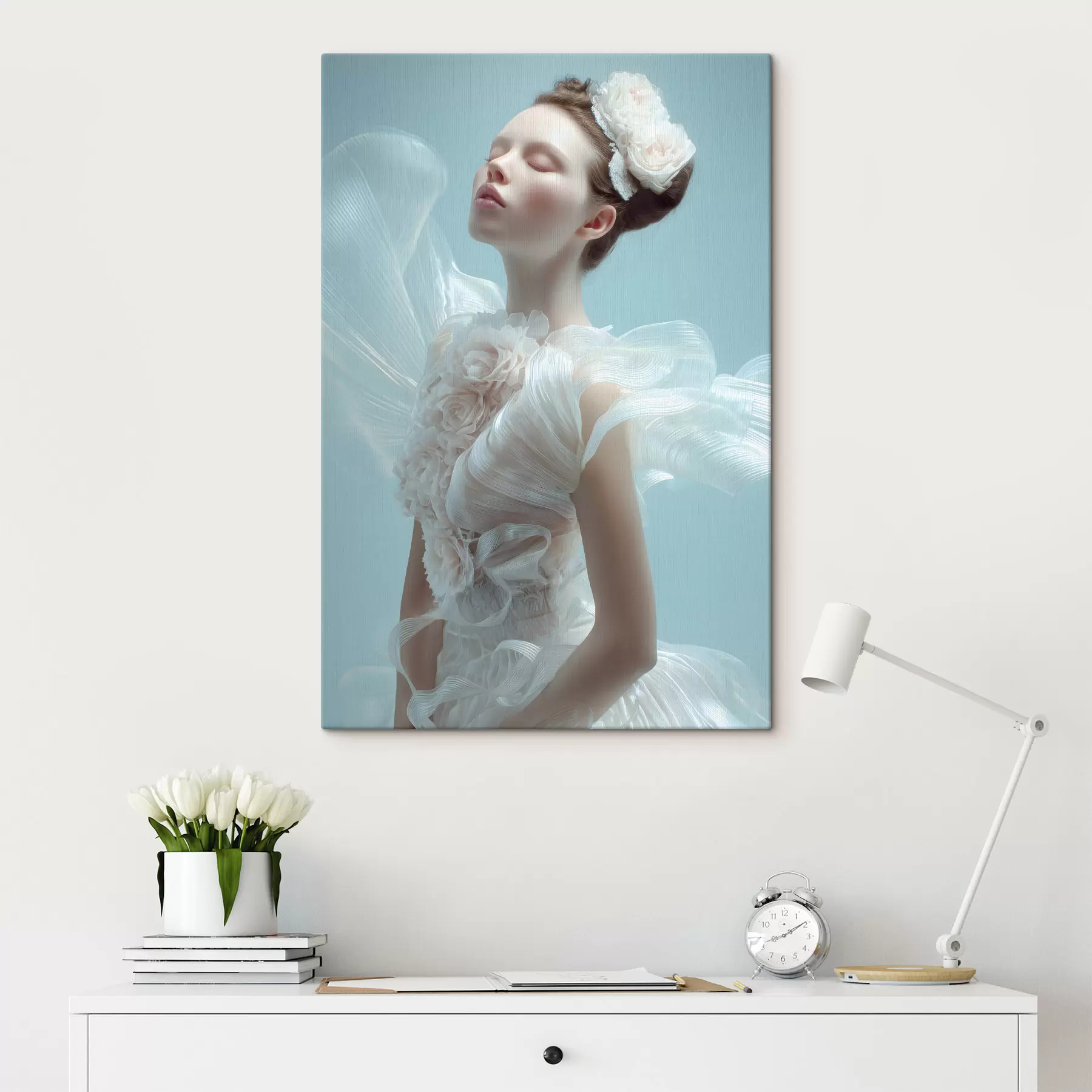 Tableau une jeune fille délicate vêtue d'une robe blanche s48287