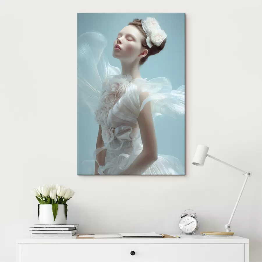 Tableau une jeune fille délicate vêtue d'une robe blanche s48287