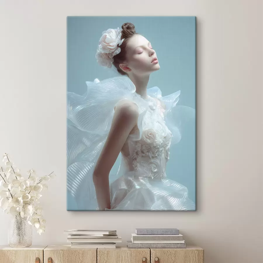 Tableau une jeune fille délicate vêtue d'une robe blanche s48288