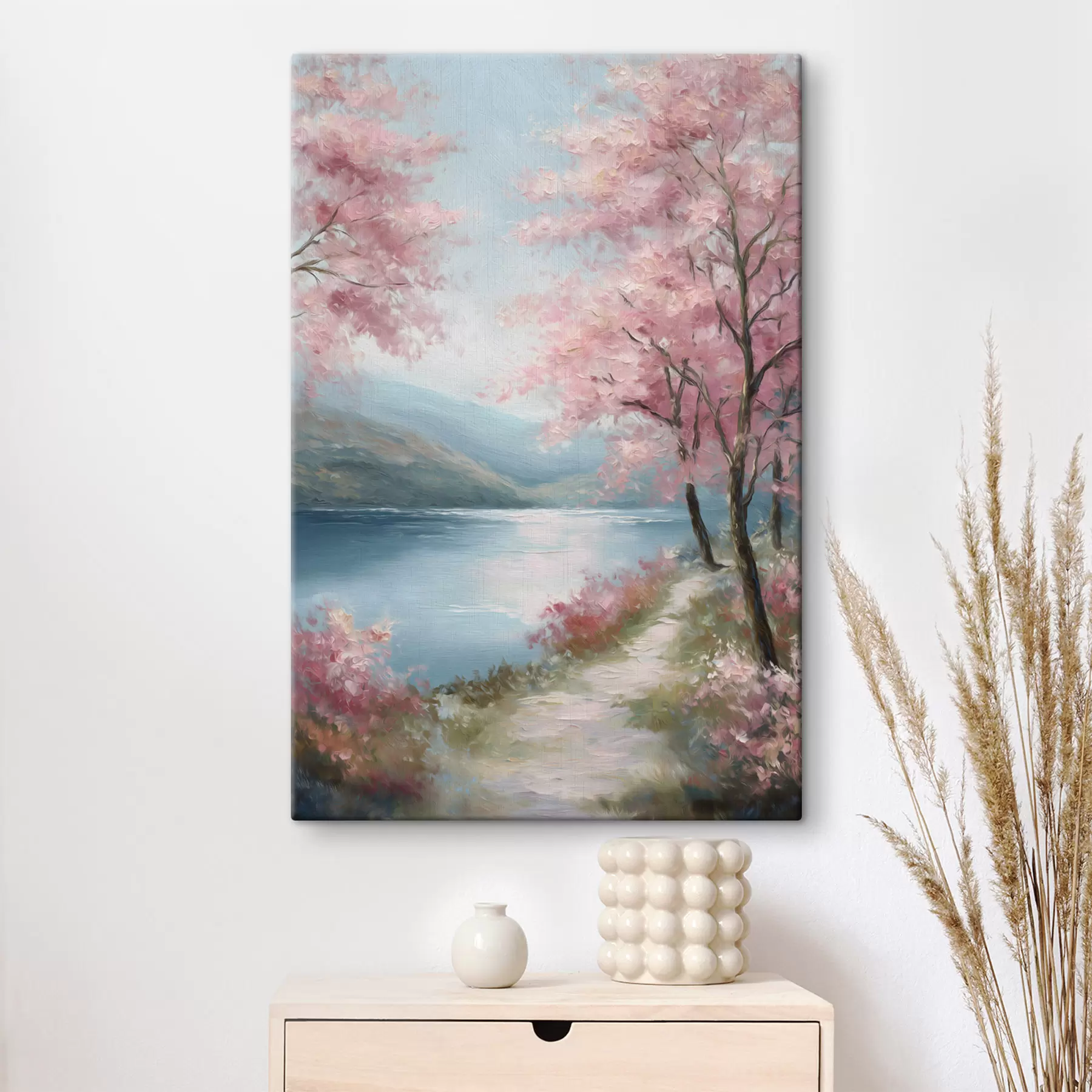 Tableau paysage avec des arbres roses dans un style huile s48289