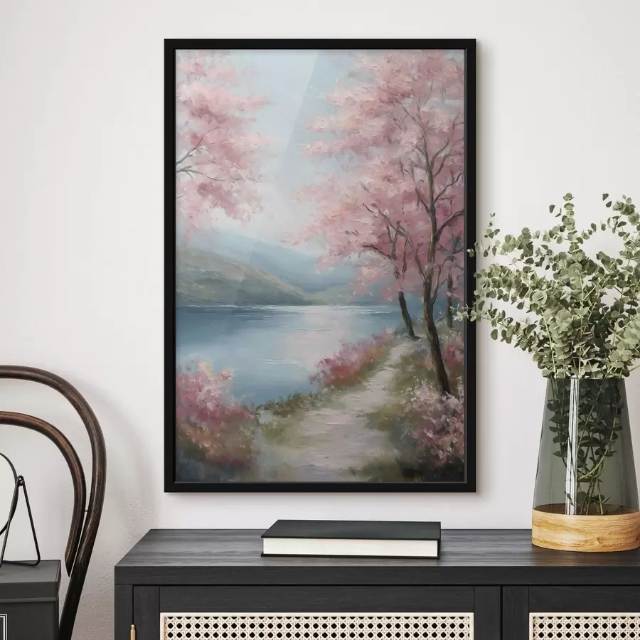 Papier peint paysage avec des arbres roses dans un style huile f48289