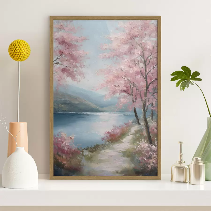 Papier peint paysage avec des arbres roses dans un style huile f48289