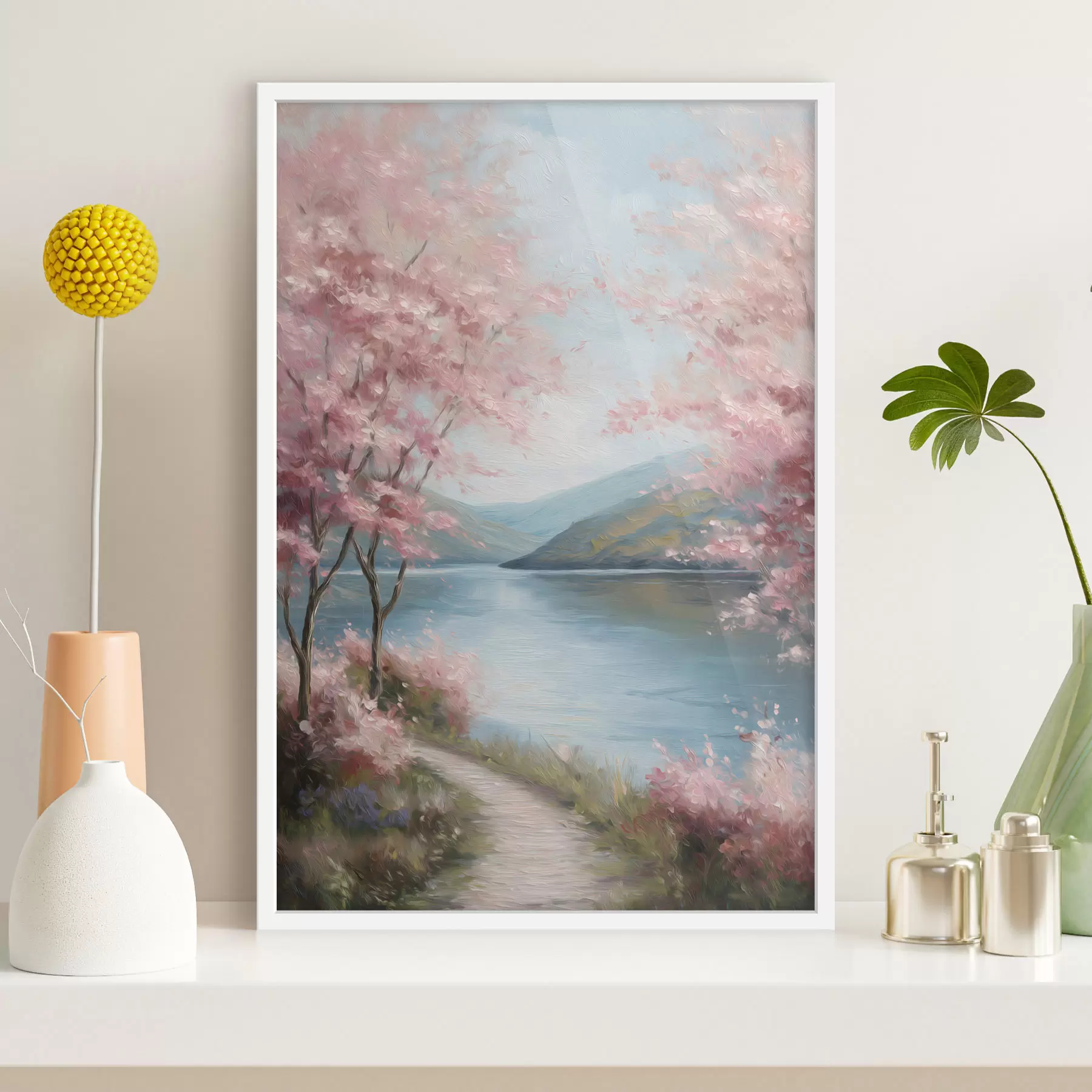 Papier peint paysage avec des arbres roses dans un style huile f48290