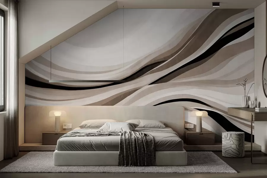 Papier peint Lignes ondulées abstraites dans des tons de beige et de noir sur fond clair, art texturé w09748