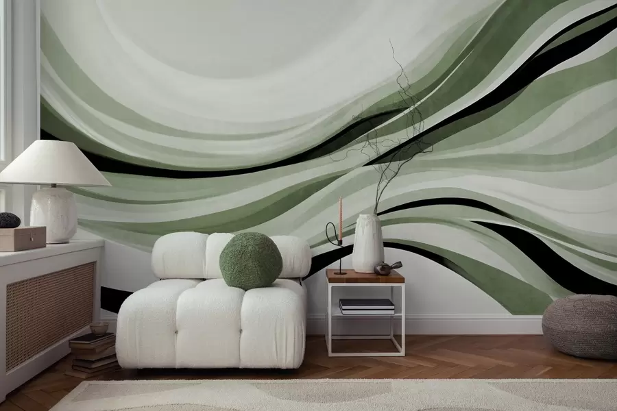 Papier peint Lignes ondulées abstraites dans des tons verts et noirs sur fond clair, art texturé w09748v1