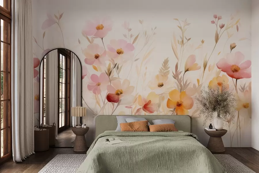 Papier peint Champ abstrait de fleurs sauvages aux teintes pastel, style aquarelle w09757