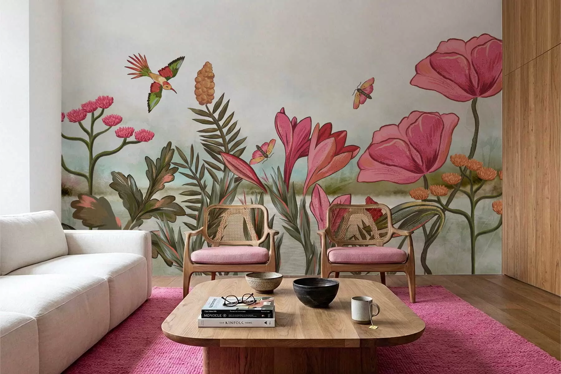 Papier peint Fleurs lumineuses avec oiseaux et papillons w05321