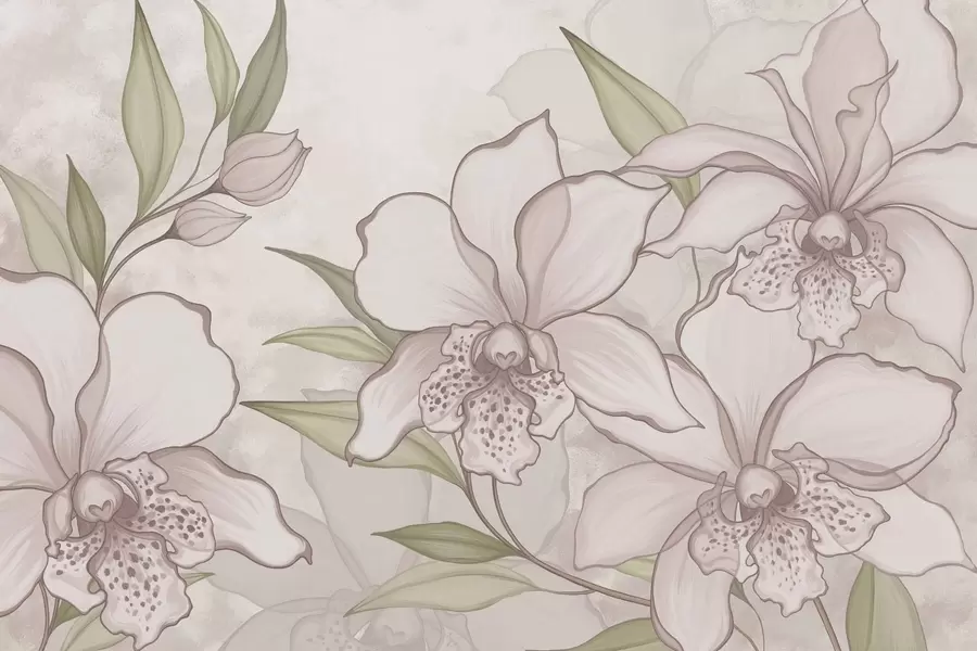 Papier peint Illustration d'orchidées pâles avec des feuilles sur fond beige w05117