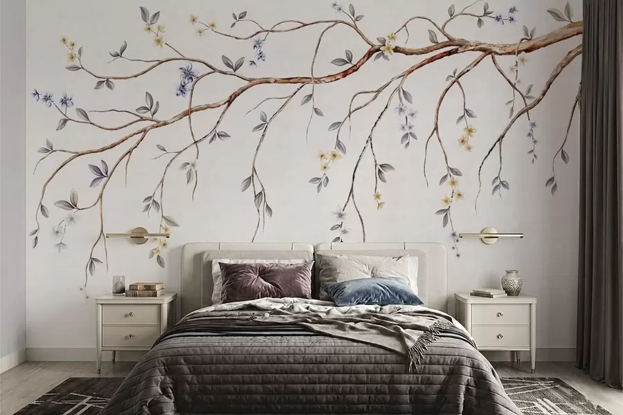 Papier peint Branches fines avec petites fleurs sur fond clair w05145