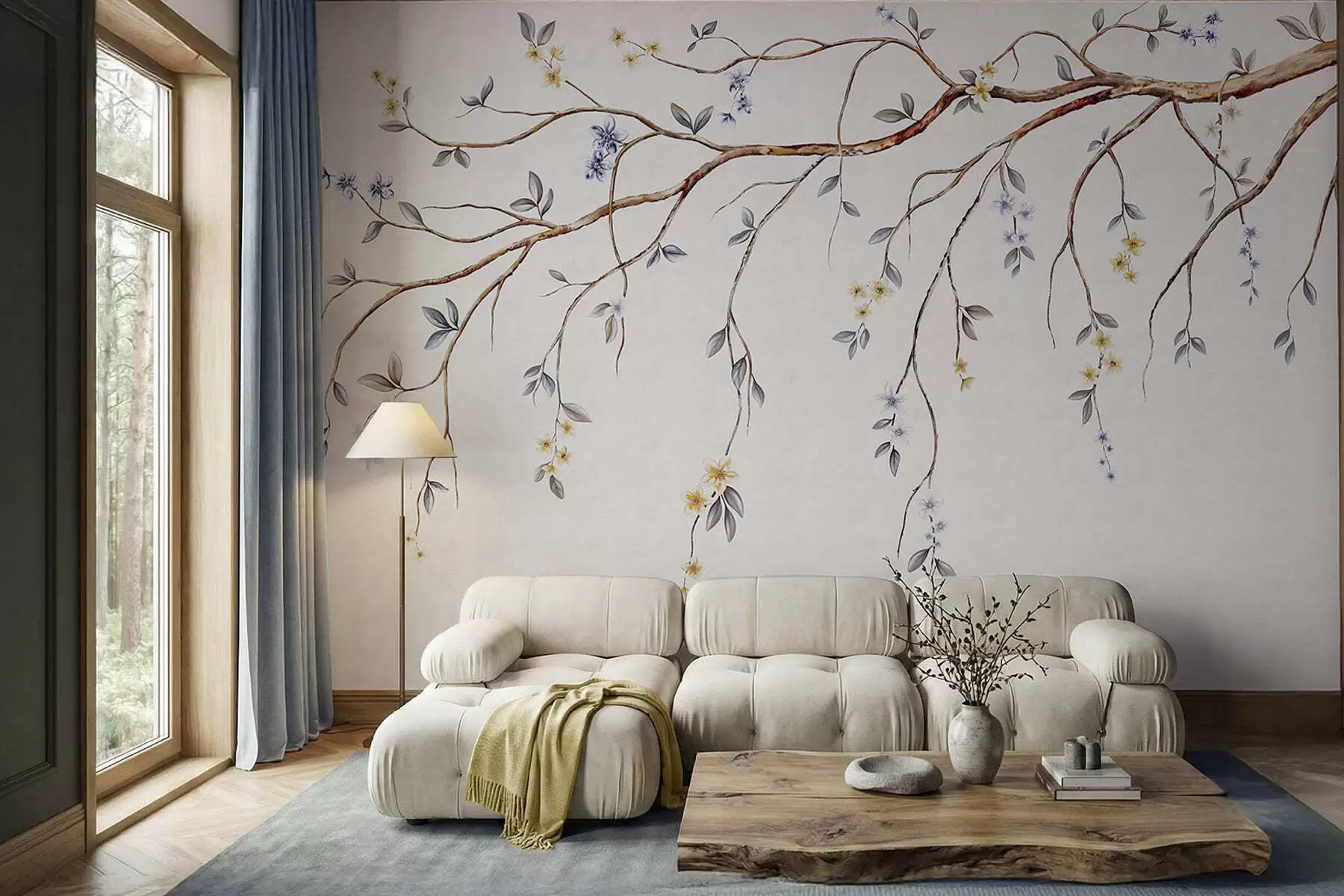 Papier peint Branches fines avec petites fleurs sur fond clair w05145
