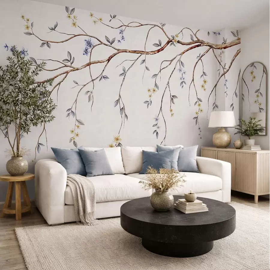 Papier peint Branches fines avec petites fleurs sur fond clair w05145