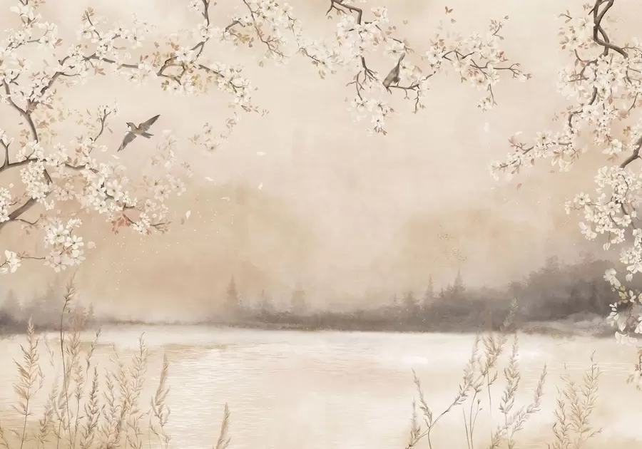 Papier peint Branches délicatement fleuries au bord d'un lac avec des oiseaux dans une légère brume w05155