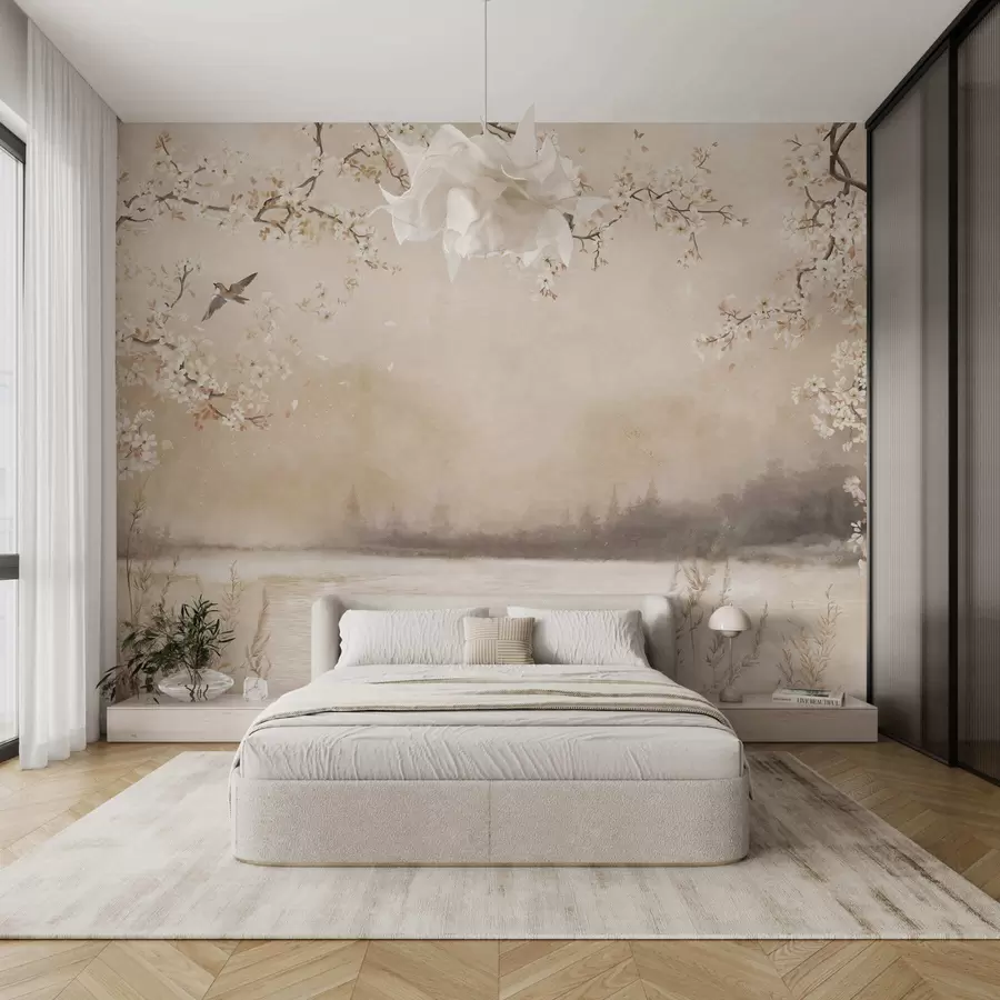 Papier peint Branches délicatement fleuries au bord d'un lac avec des oiseaux dans une légère brume w05155