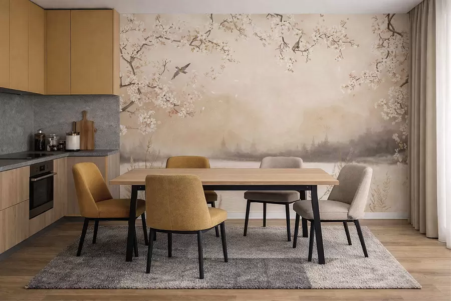 Papier peint Branches délicatement fleuries au bord d'un lac avec des oiseaux dans une légère brume w05155