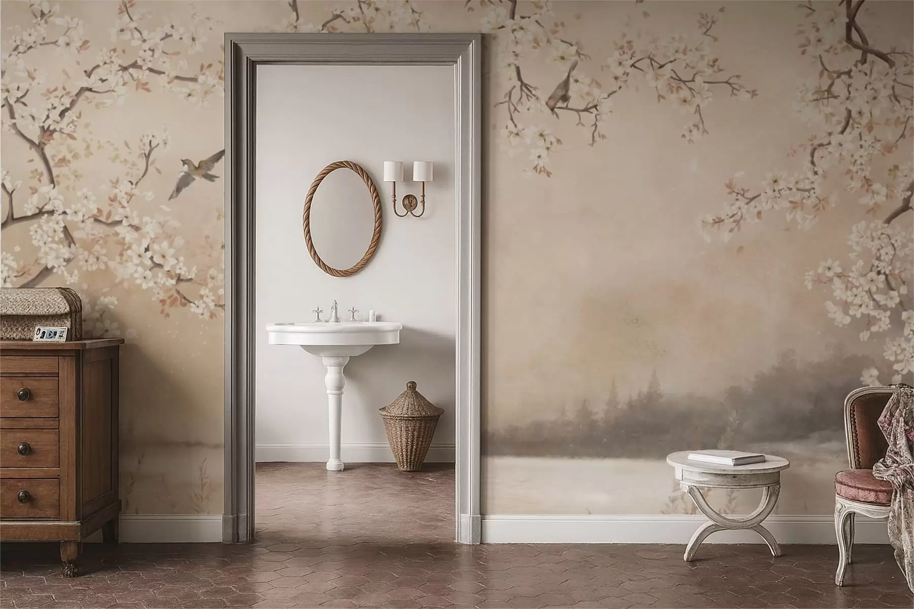 Papier peint Branches délicatement fleuries au bord d'un lac avec des oiseaux dans une légère brume w05155