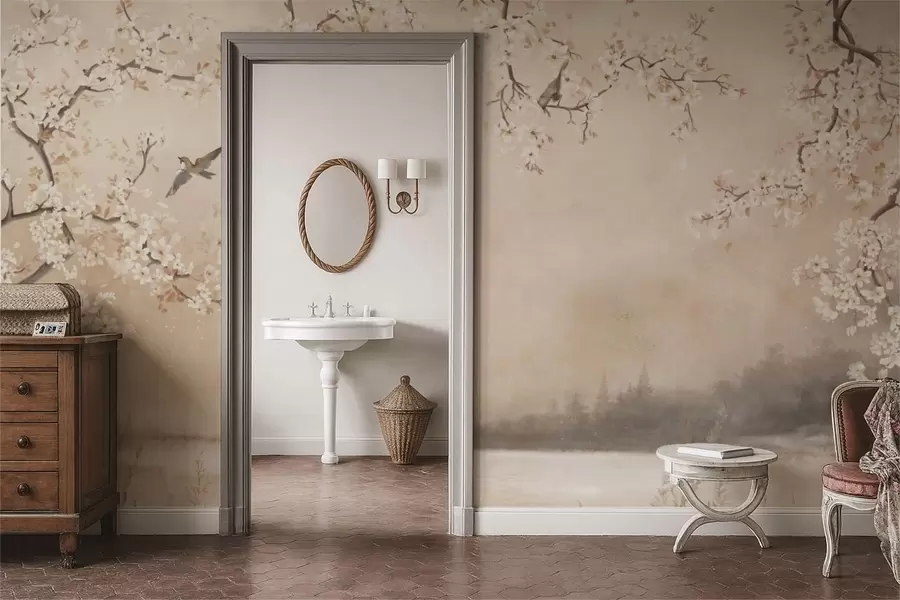 Papier peint Branches délicatement fleuries au bord d'un lac avec des oiseaux dans une légère brume w05155