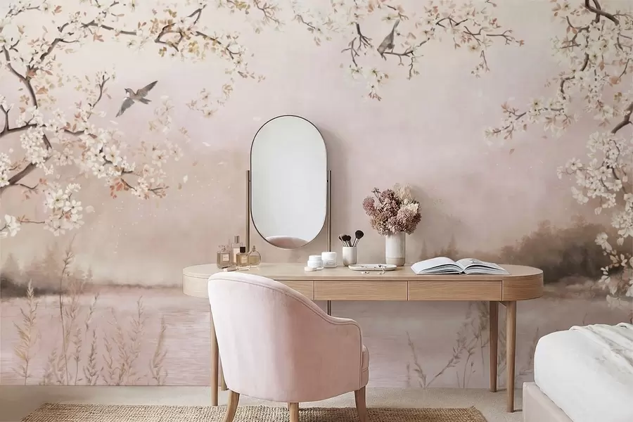 Papier peint Branches fleuries au-dessus d'un lac calme avec des oiseaux dans la brume w05155v1