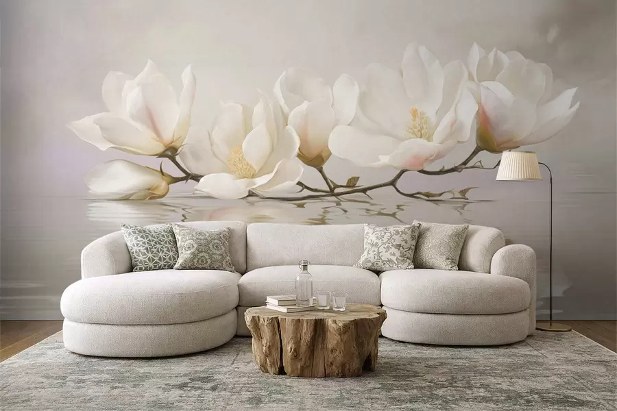 Papier peint Fleurs de magnolia claires sur une branche au-dessus du reflet de l'eau w05353