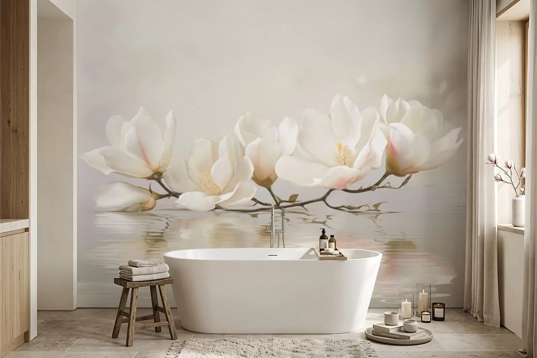 Papier peint Fleurs de magnolia claires sur une branche au-dessus du reflet de l'eau w05353