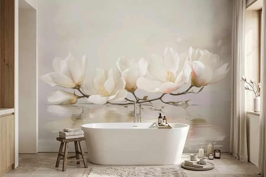 Papier peint Fleurs de magnolia claires sur une branche au-dessus du reflet de l'eau w05353