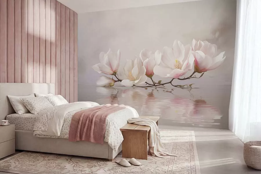 Papier peint Branche de magnolia en fleurs au-dessus du reflet d'une eau calme w05353v1