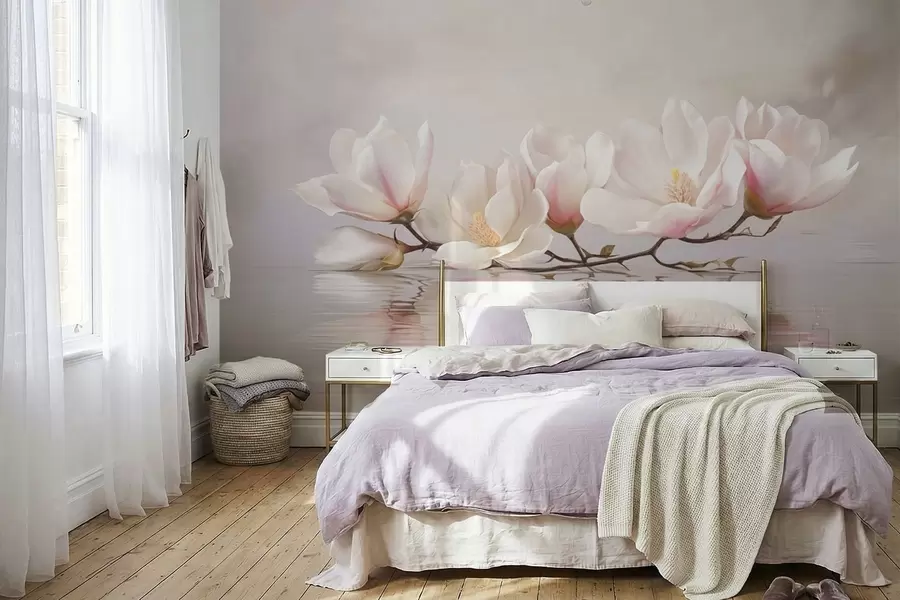 Papier peint Branche de magnolia en fleurs au-dessus du reflet d'une eau calme w05353v1