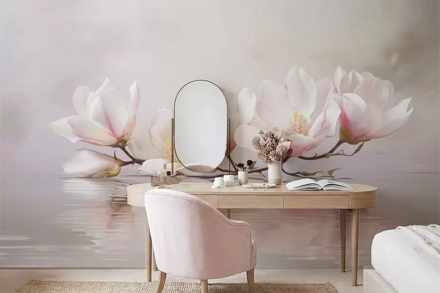 Papier peint Branche de magnolia en fleurs au-dessus du reflet d'une eau calme w05353v1