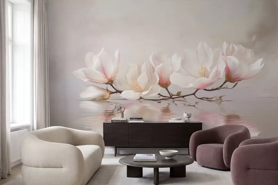 Papier peint Branche de magnolia en fleurs au-dessus du reflet d'une eau calme w05353v1