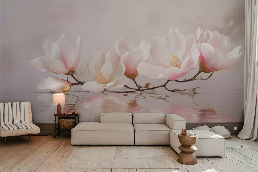 Papier peint Branche de magnolia en fleurs au-dessus du reflet d'une eau calme w05353v1