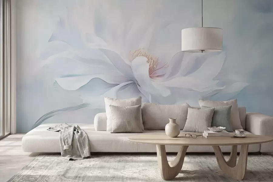Papier peint Fleur blanche délicate aux pétales fluides sur fond bleu w05354
