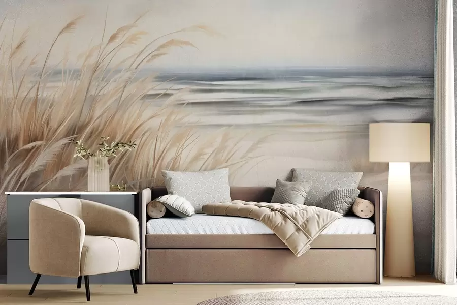 Papier peint Paysage texturé avec de l'herbe sèche sur une plage de sable, avec l'océan et le ciel en arrière-plan w09739