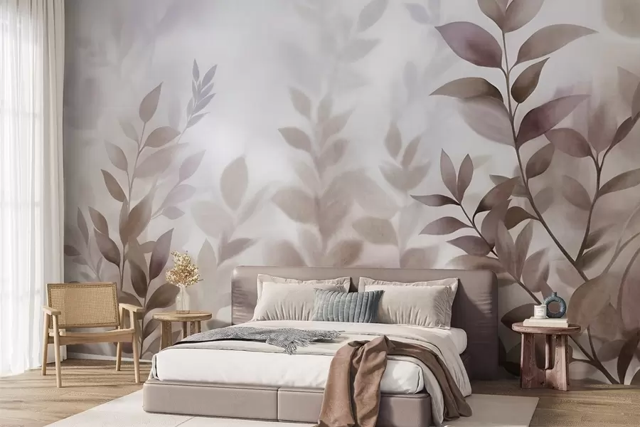 Papier peint Branches délicates avec des feuilles brun et beige discrets, style aquarelle, art texturé w09750