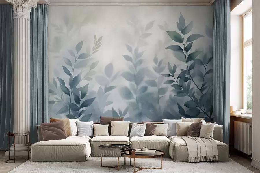 Papier peint Branches délicates aux feuilles bleu pâle, style aquarelle, art texturé w09750v1