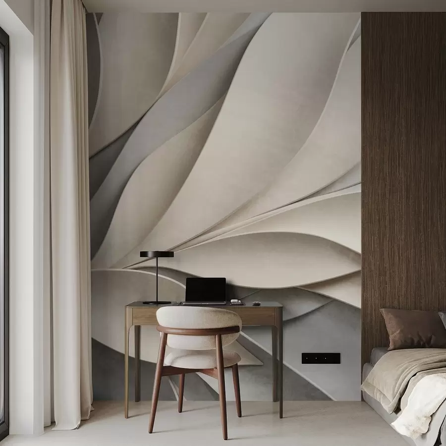 Papier peint Feuilles abstraites en beige et gris, art moderne texturé w09769