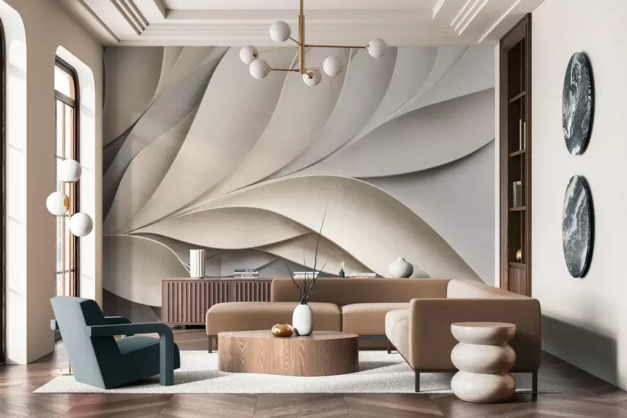 Papier peint Feuilles abstraites en beige et gris, art moderne texturé w09769