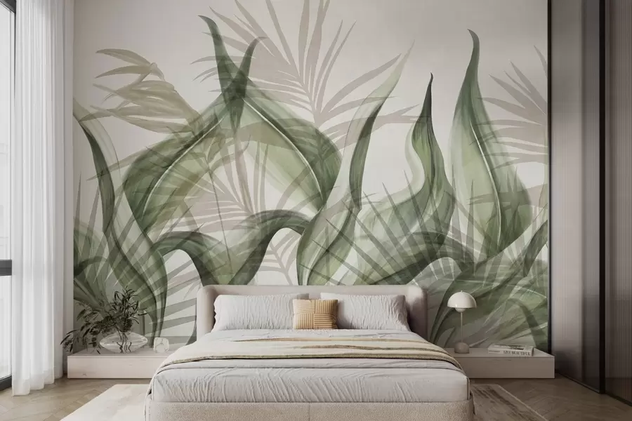 Papier peint Feuilles tropicales dans des tons de beige et de vert sur fond blanc, style aquarelle texturé w09772v1