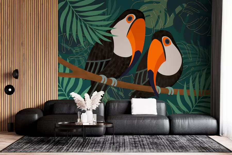 Papier peint deux toucans sur une branche, dans un style afro w05239
