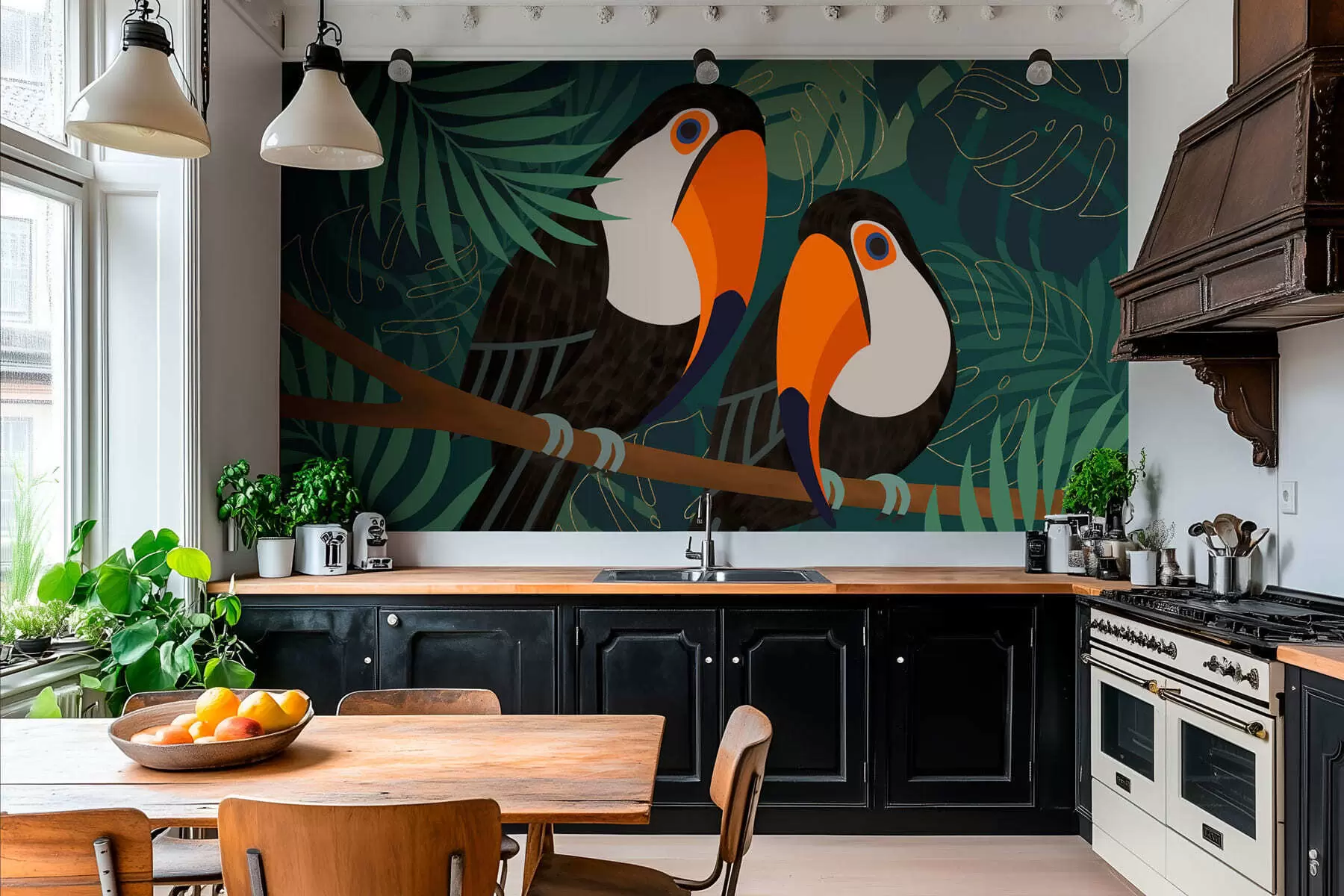 Papier peint deux toucans sur une branche, dans un style afro w05239