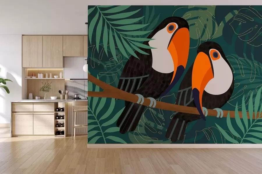 Papier peint deux toucans sur une branche, dans un style afro w05239