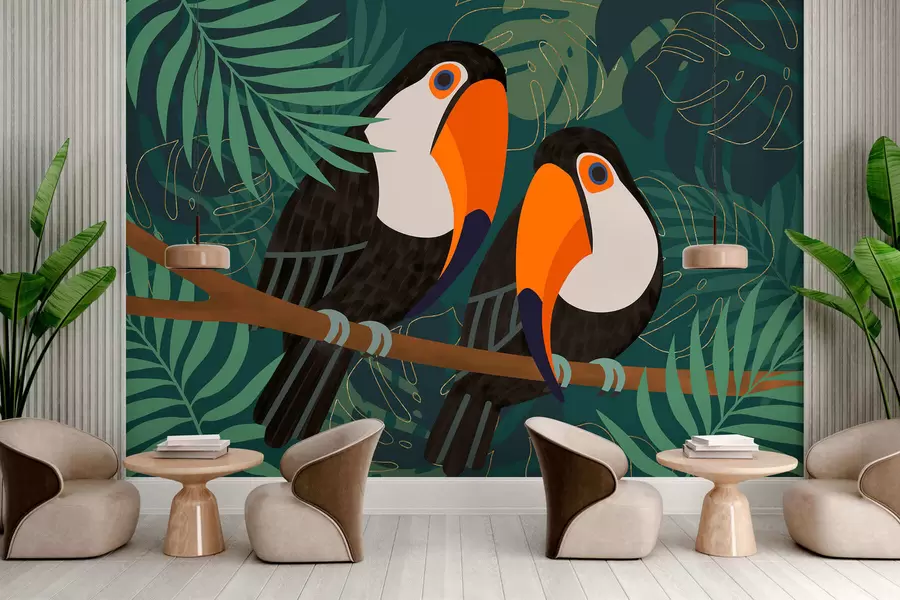 Papier peint deux toucans sur une branche, dans un style afro w05239