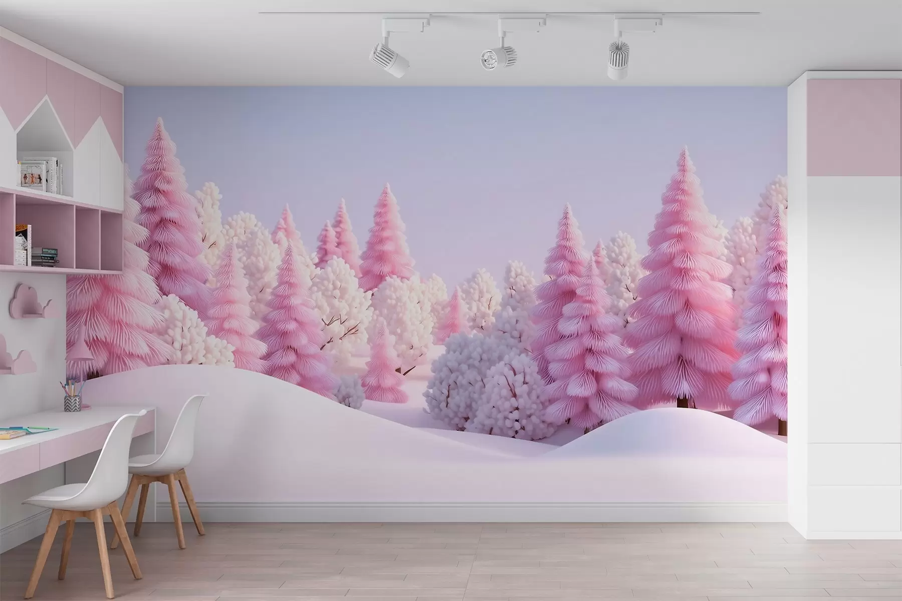 Papier peint Une forêt hivernale enneigée aux teintes roses w09654