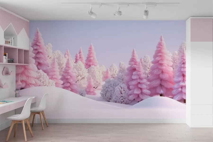 Papier peint Une forêt hivernale enneigée aux teintes roses w09654