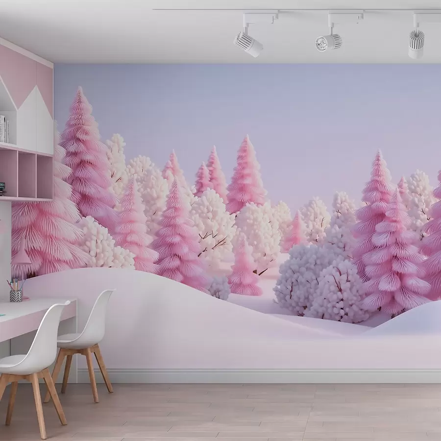 Papier peint Une forêt hivernale enneigée aux teintes roses w09654