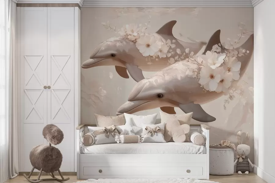 Papier peint Des dauphins dans un océan de fleurs délicates et de lumière douce w09666