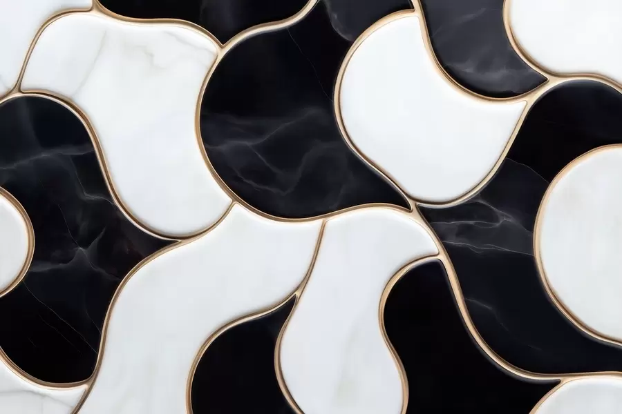 Papier peint Imitation abstraite d'une composition marbrée dans des tons de noir et blanc, rehaussée de lignes jaunes w09733