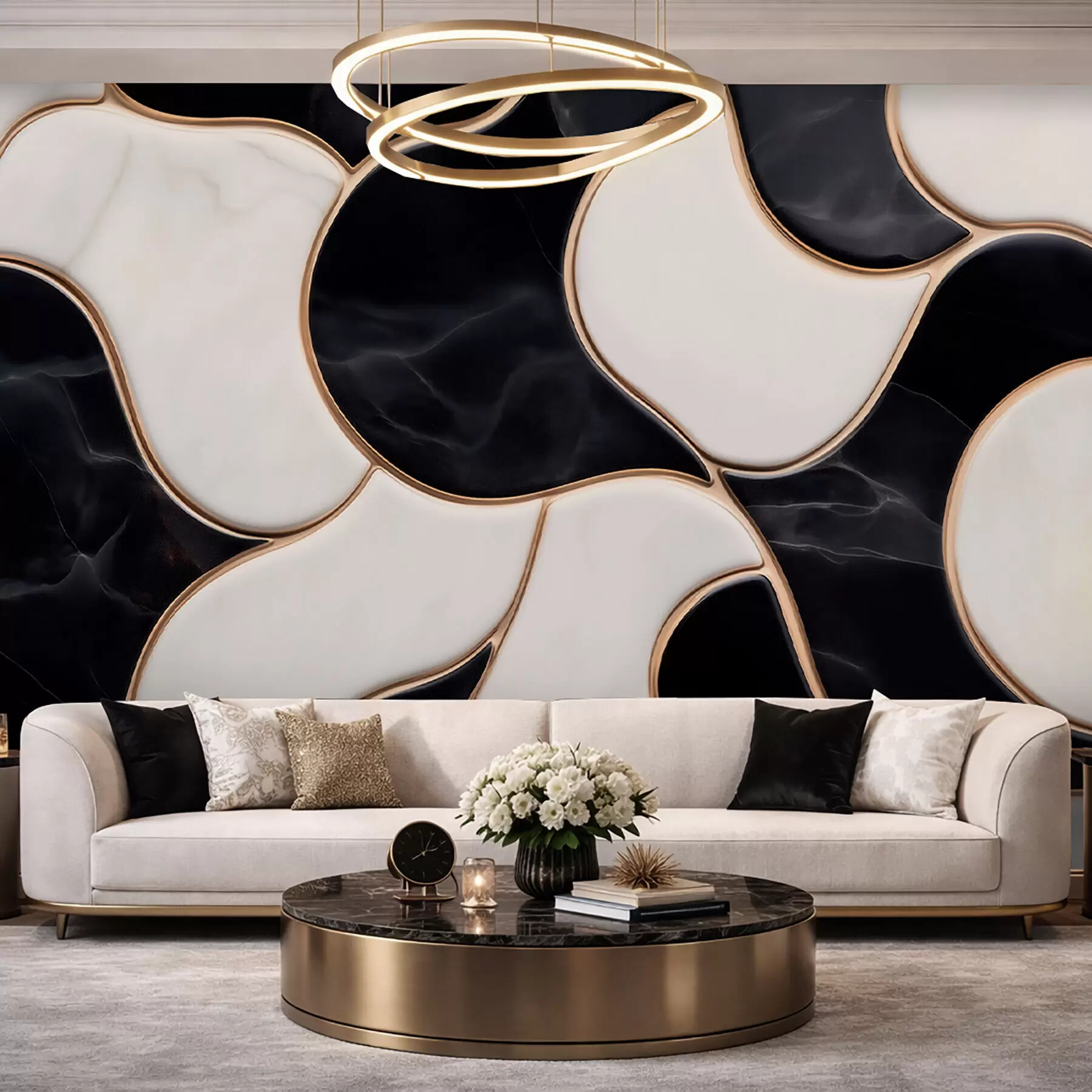 Papier peint Imitation abstraite d'une composition marbrée dans des tons de noir et blanc, rehaussée de lignes jaunes w09733